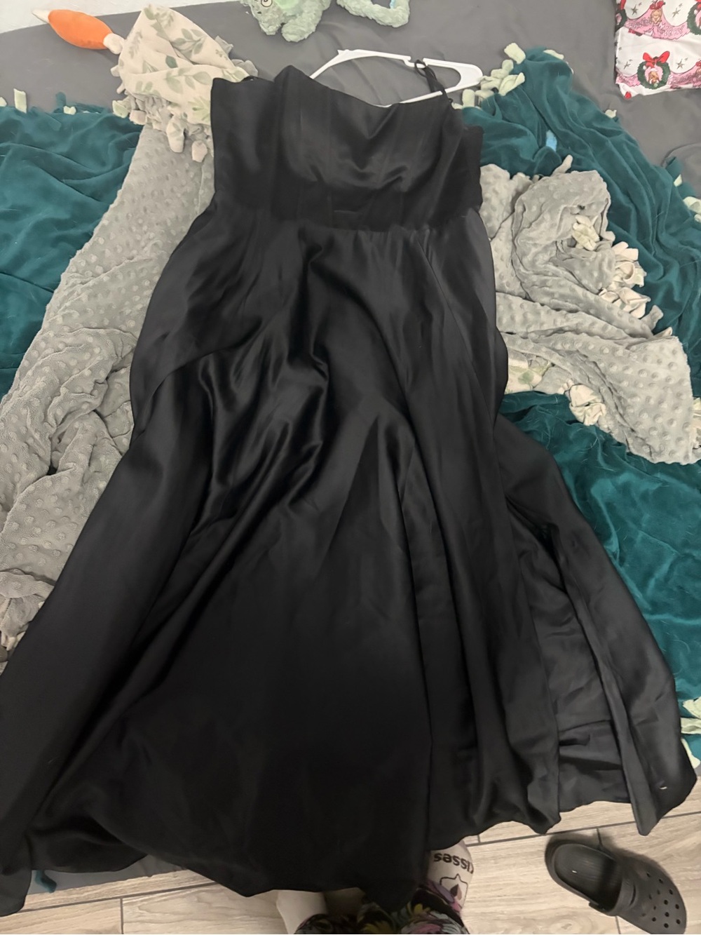 B Darlin Black Strapless Satin A-Line Prom Gown
